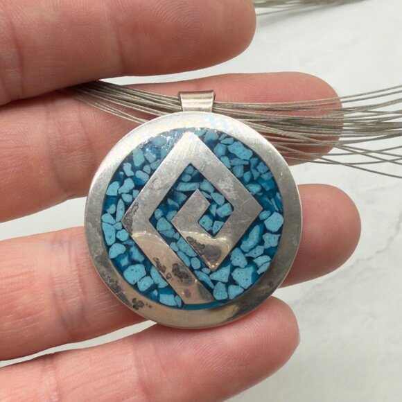 Vintage Sterling Silver Turquoise Inlay Pendant Pin Necklace Multi-Strand Choker - Picture 9 of 11